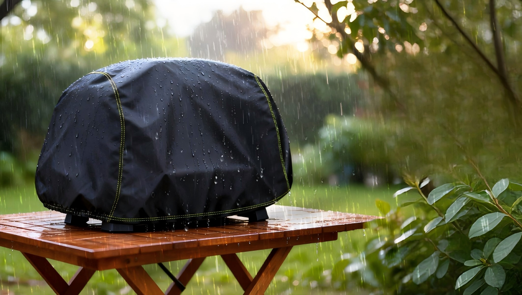 Electric grill cover with weather-resistant material, black color, rectangular shape, suitable for outdoor use